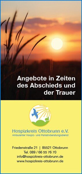 Das Bild zeigt einen Sonnenuntergang mit Grashalmen im Vordergrund sowie Informationen über den Hospizkreis Ottobrunn e.V. und deren Angebote in Zeiten des Abschieds und der Trauer.