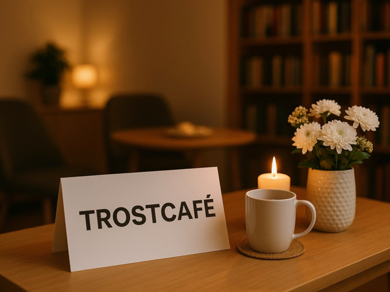 Ein Tisch in einem gemütlichen Raum mit einem Schild, auf dem "TROSTCAFÉ" steht, neben einer brennenden Kerze, einer Tasse und Blumen.