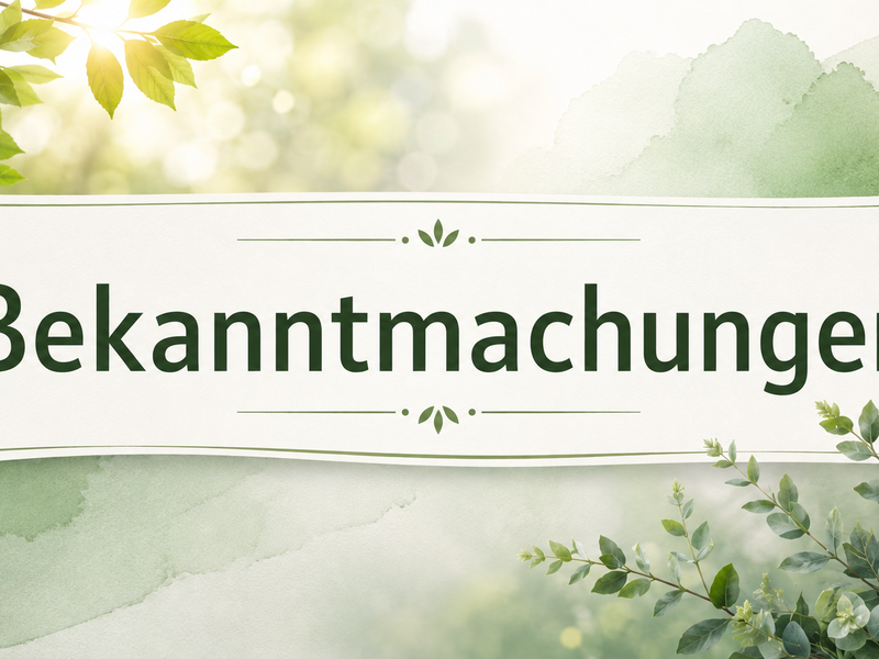 Das Bild zeigt den Schriftzug "Bekanntmachungen" in dunkler Schrift auf einem hellen Banner, umgeben von grünen Blättern und einem verschwommenen, blattreichen Hintergrund.