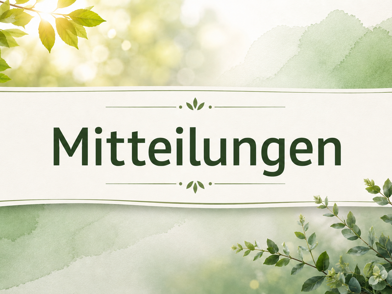 Ein Schild mit dem Wort "Mitteilungen" ist von grünen, blattreichen Pflanzen und einem hellen Hintergrund eingerahmt.