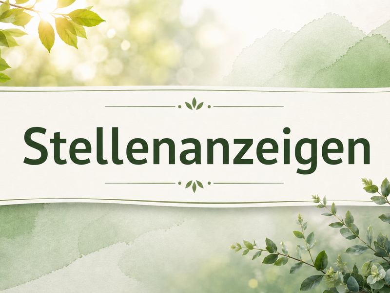 Das Bild zeigt den Text "Stellenanzeigen" in der Mitte, umgeben von grünen Blättern und einem verschwommenen, natürlichen Hintergrund.