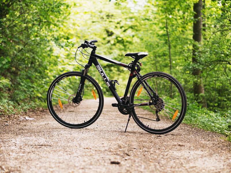 Ein Fahrrad, welches auf einem Waldweg steht