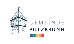 Das Bild zeigt das Logo der Gemeinde Putzbrunn, bestehend aus einer stilisierten Turmstruktur und dem Schriftzug "Gemeinde Putzbrunn" mit fünf bunten Kreisen darunter.