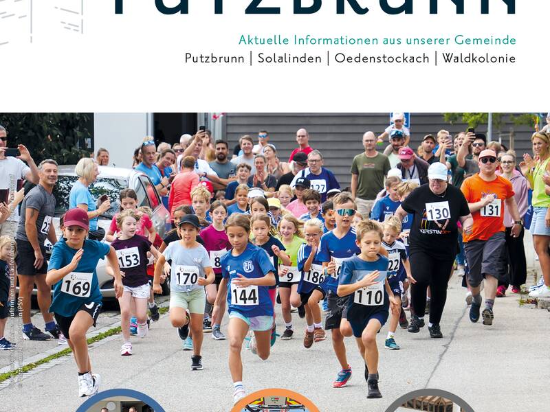 Ein Plakat mit dem Titel "Unser Putzbrunn" zeigt ein Bild von Kindern, die bei einem Laufwettbewerb starten, und informiert über verschiedene lokale Veranstaltungen.
